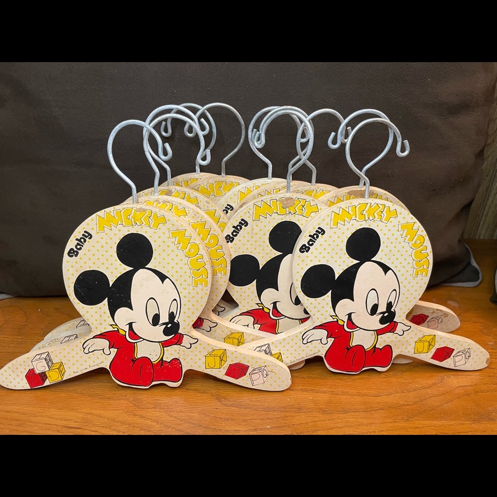 RARE 11 Vintage 1985 Disney Baby Mickey Mouse Wooden Hangers SET